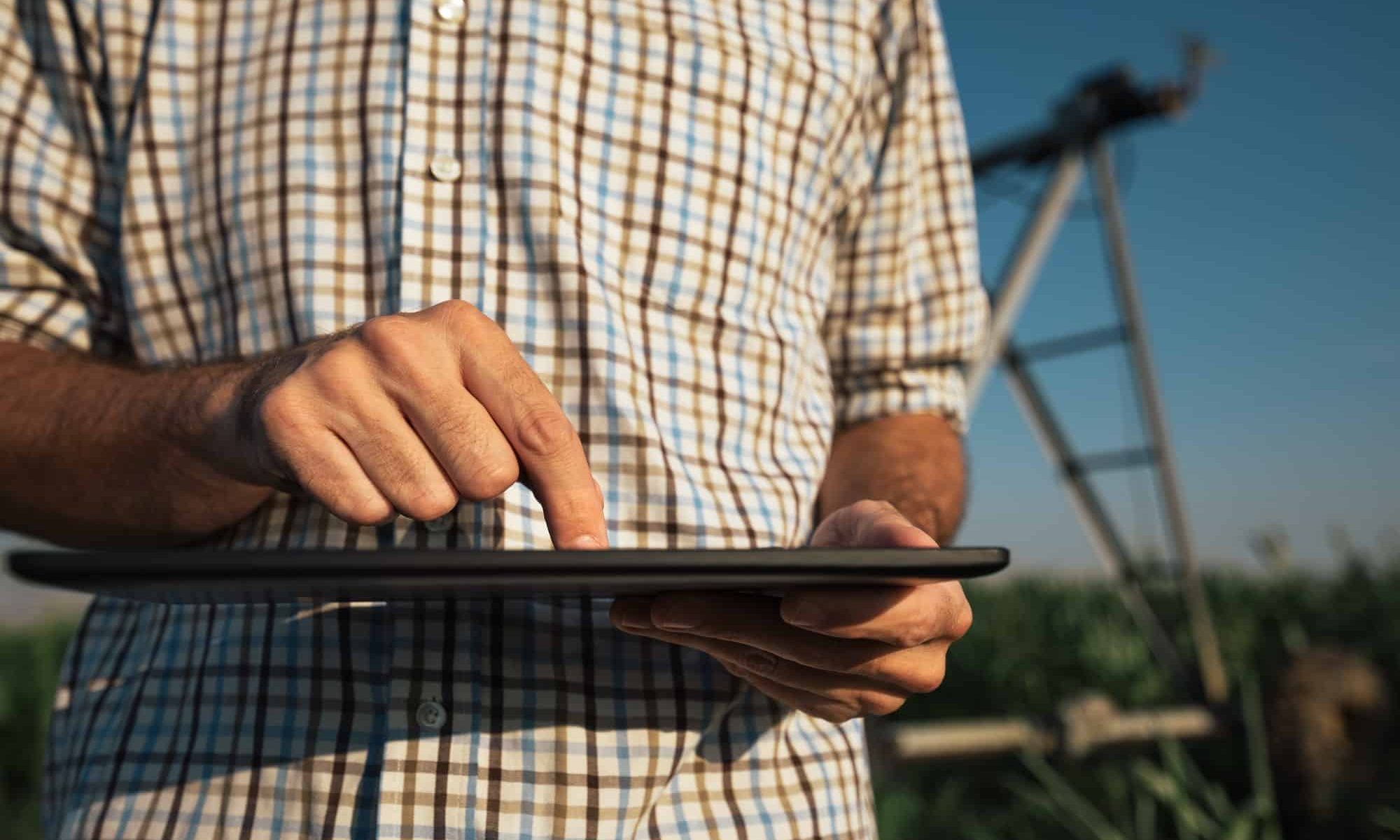 Farmer using tablet computer in cornfield with irrigation system